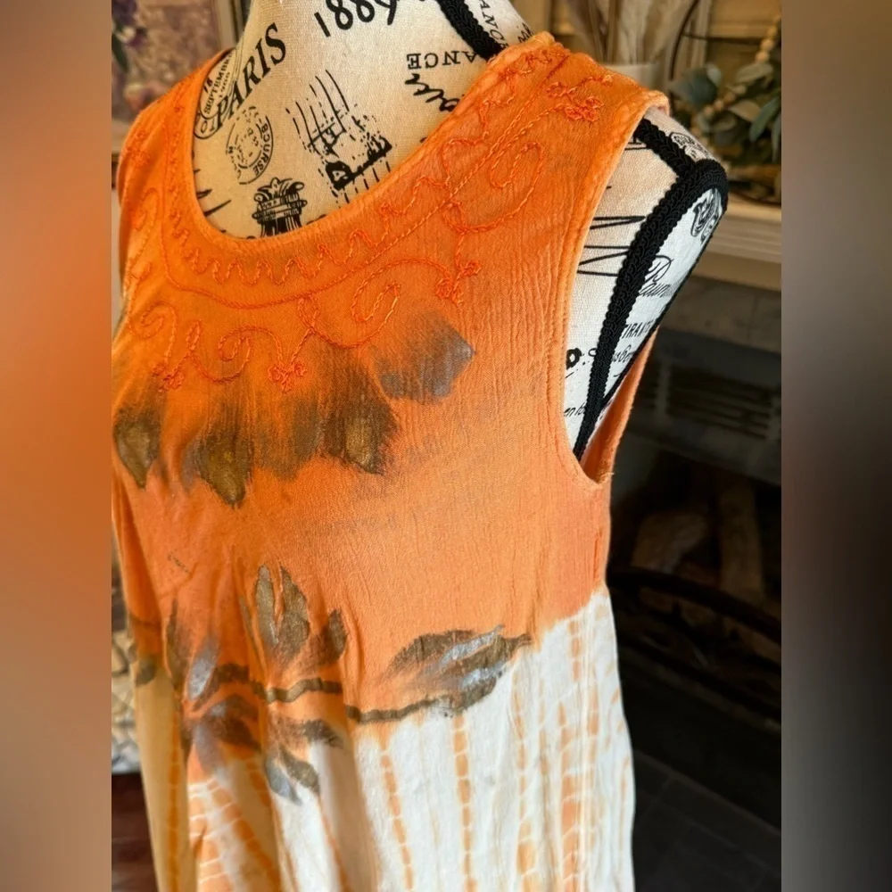 Vintage 90s Hand Painted Embroidered Tie Dye Umbrella Dress Orange Sleeveless - Picture 7 of 8